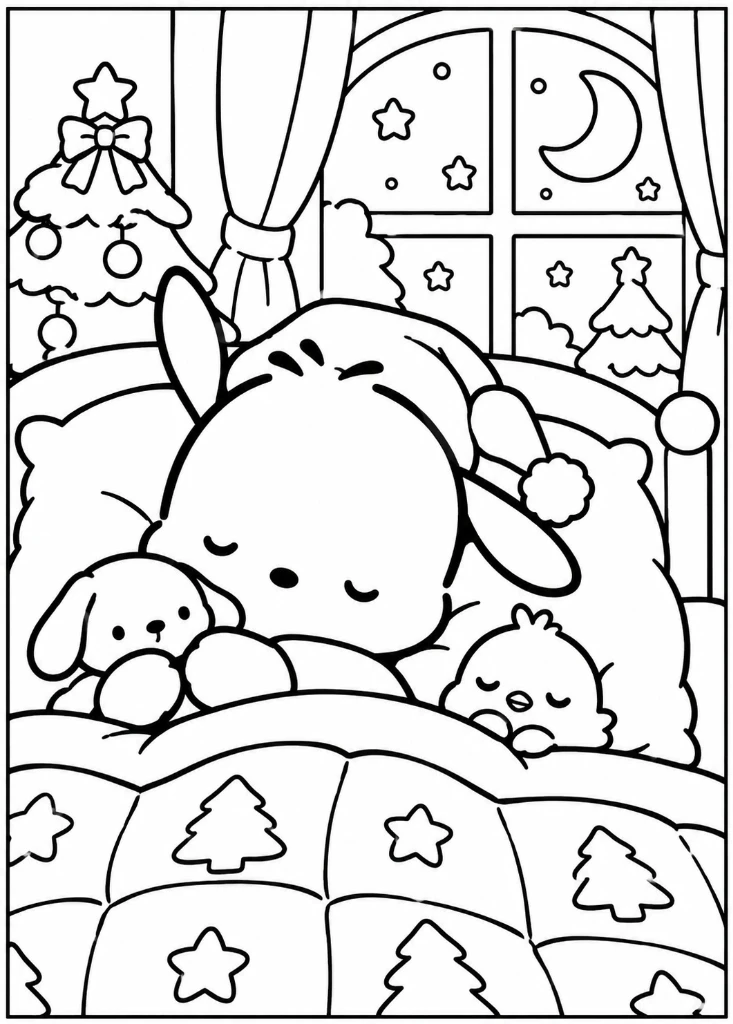 Pochacco Cozy Bedtime and Little Chick Coloring Page