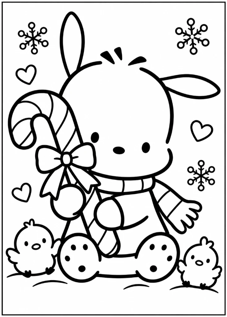 Pochacco Candy Cane and Chick Friends Coloring Page