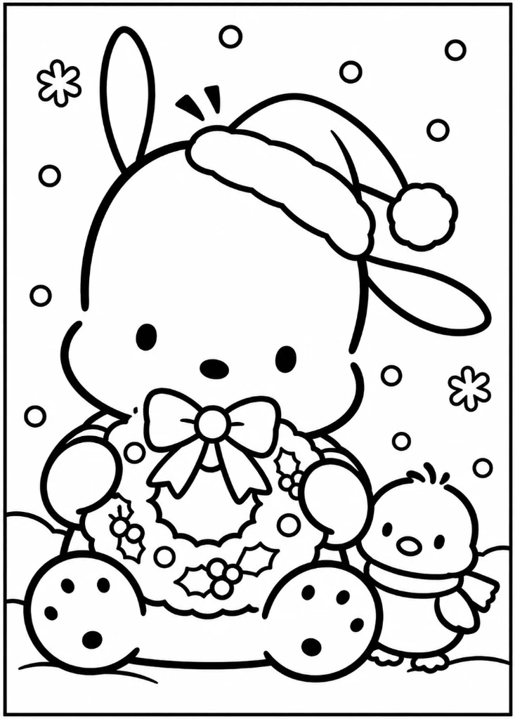 Pochacco Christmas Holiday Wreath Coloring Page