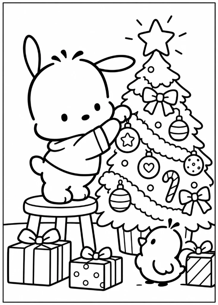 Pochacco Decorating Christmas Tree Coloring Page