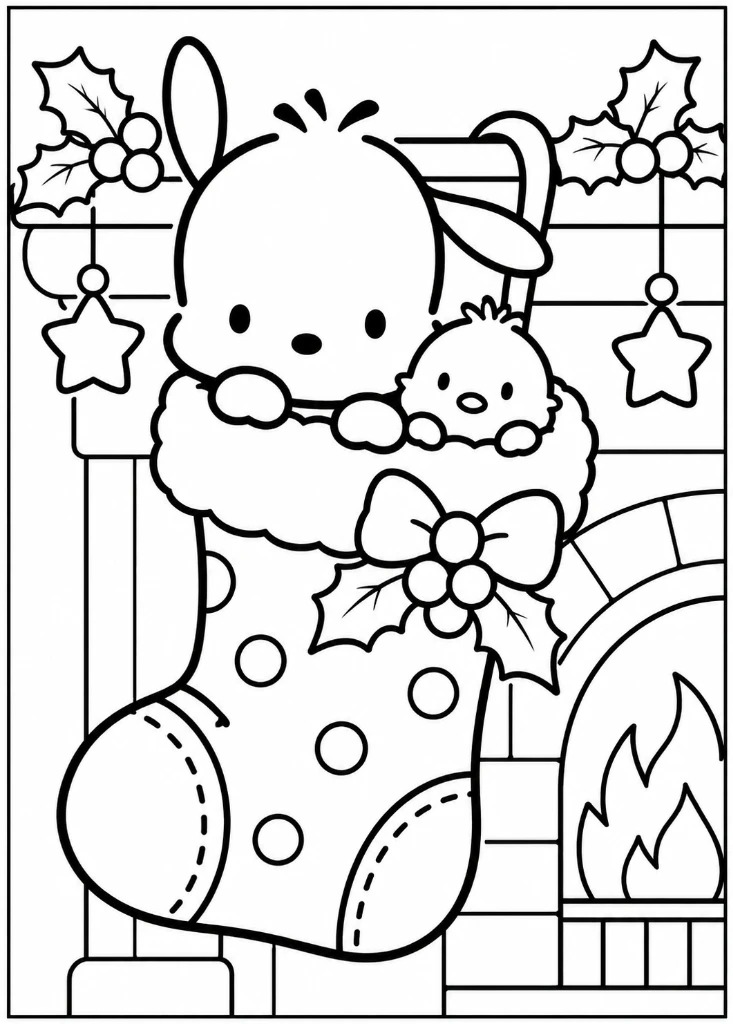 Pochacco Holiday Stocking by Fireplace Coloring Page
