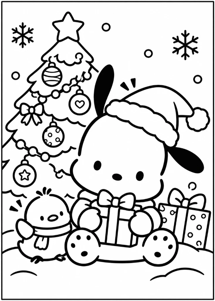 Pochacco Christmas Gift Under Tree Coloring Page