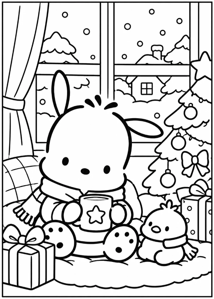 Pochacco Hot Cocoa by Snowy Window Coloring Page