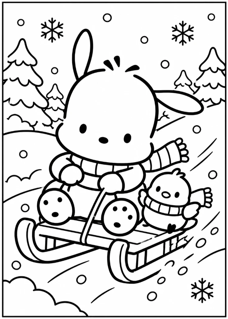 Pochacco Snow Sledding Adventure Coloring Page