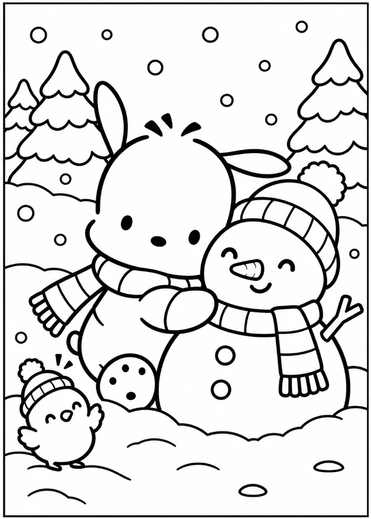 Pochacco Snowman Hug in Winter Coloring Page