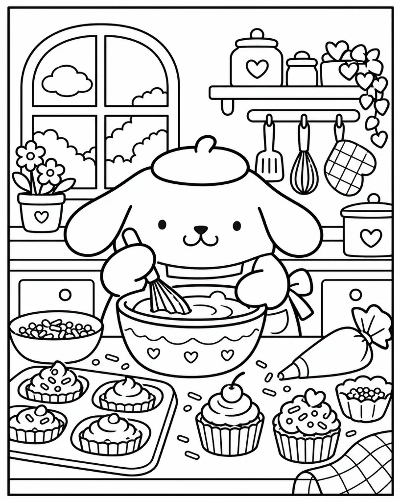 Pompompurin wearing apron whisking batter and decorating cupcakes in kitchen