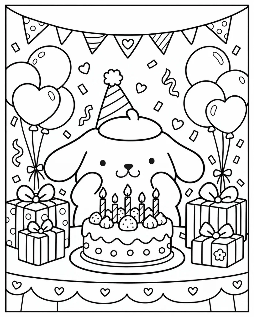 Pompompurin wearing party hat celebrating with birthday cake and balloon bouquets