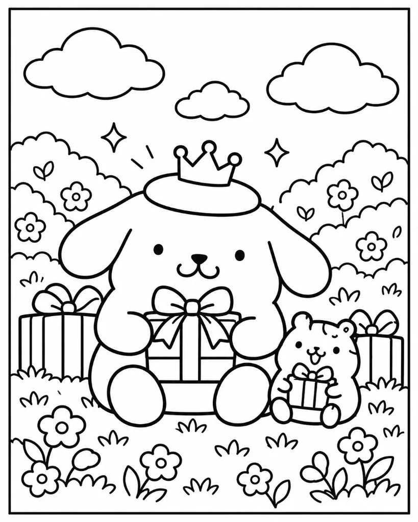 Pompompurin wearing a royal crown with gift boxes alongside Muffin the hamster