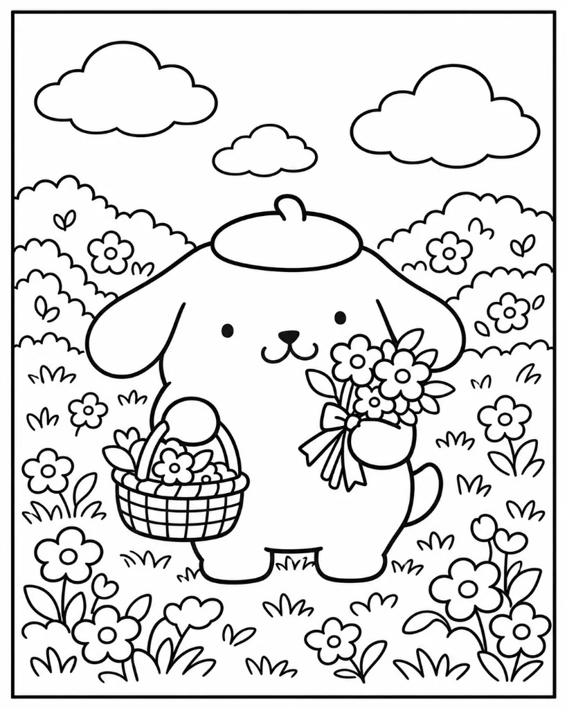 Pompompurin holding a flower basket and bouquet in a sunny blossom field
