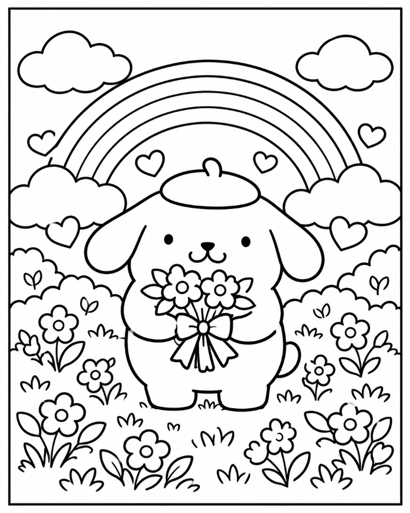 Pompompurin holding a fresh blossom bouquet in a flower field under a rainbow