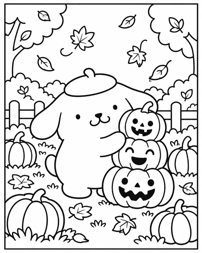 Pompompurin stacking smiling jack-o-lantern pumpkins in autumn meadow with falling leaves