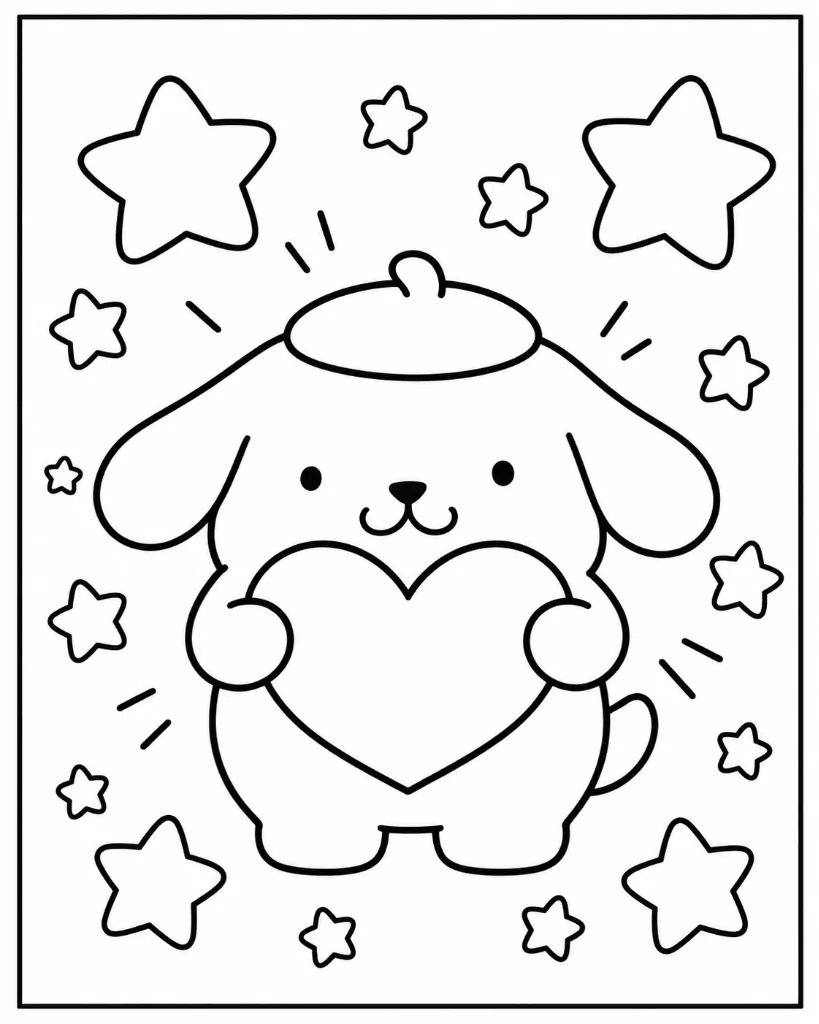 Pompompurin happily holding a large heart surrounded by glowing stars