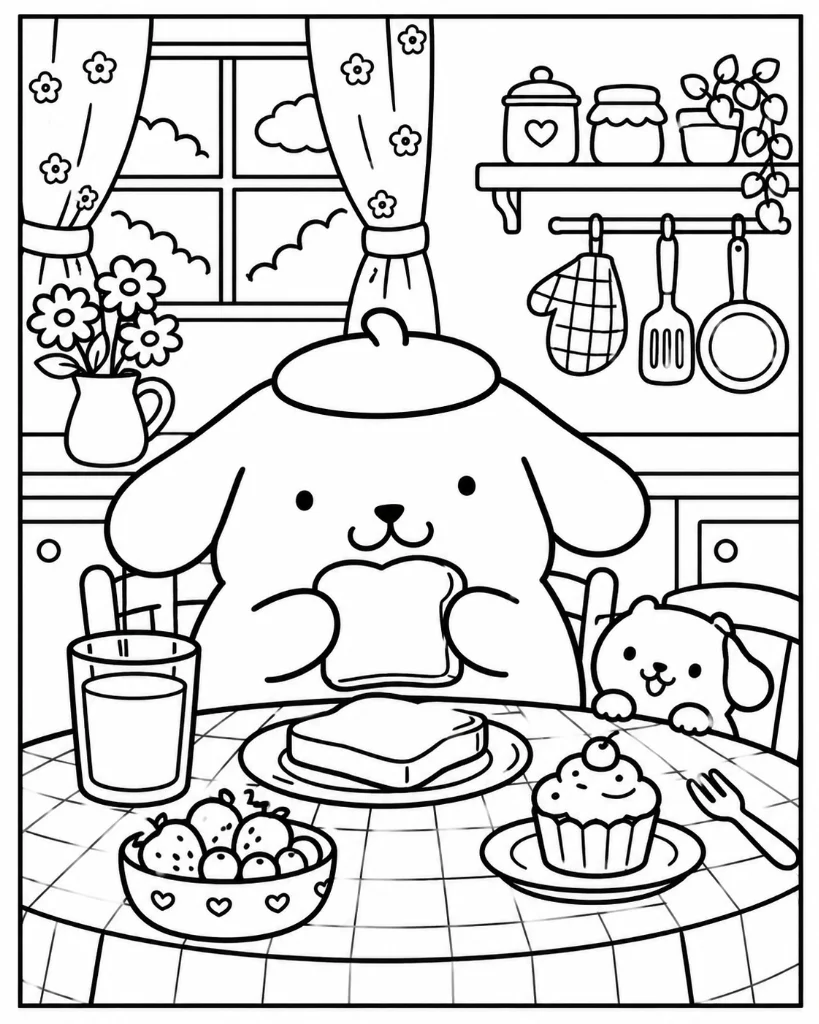 Pompompurin enjoying toast and cupcake at kitchen breakfast table with Bagel