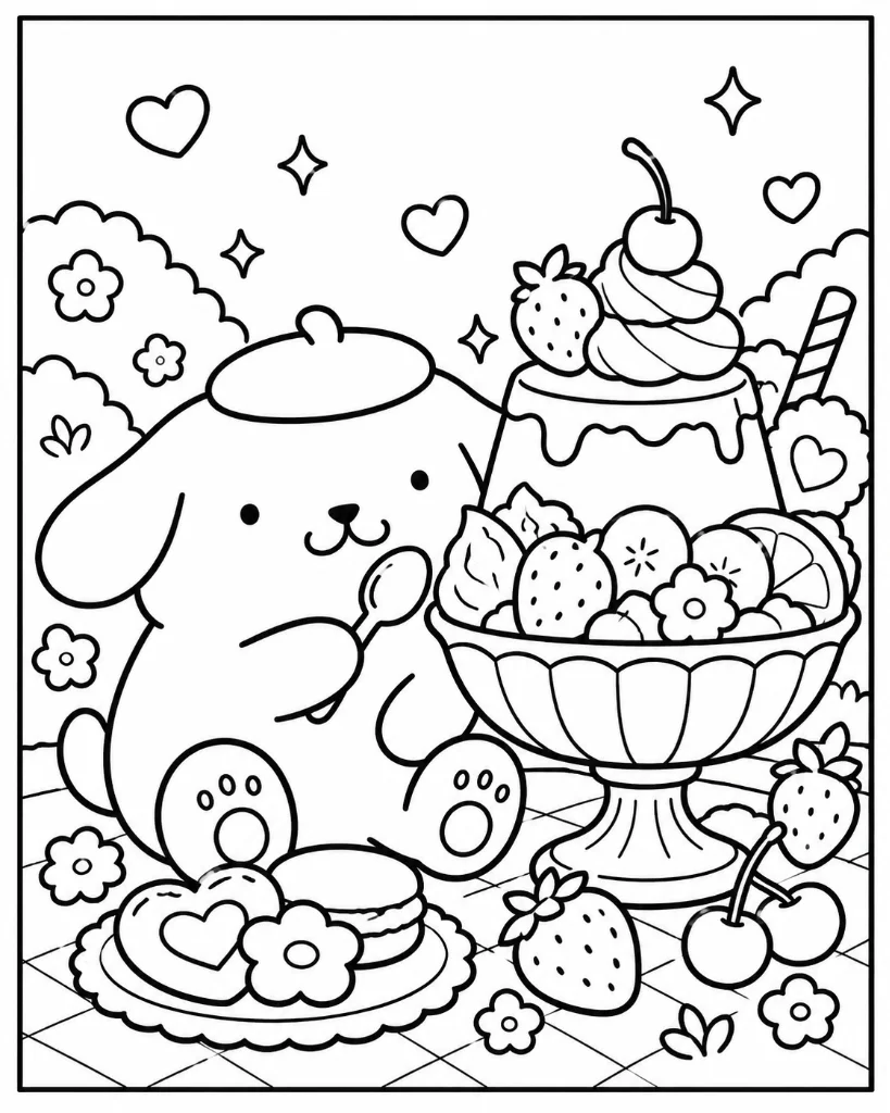 Pompompurin sitting with spoon beside giant fruit parfait and purin pudding