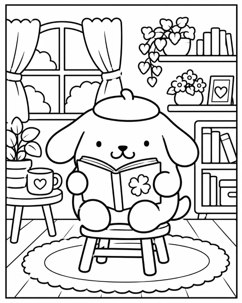 Pompompurin sitting on wooden stool reading clover book beside cozy window