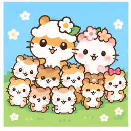 Kuririn and Sakura surrounded by their seven adorable hamster children
