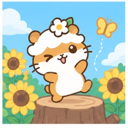Kuririn dancing near sunflowers under summer sky