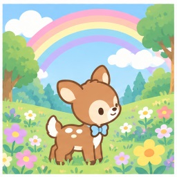 Deery-Lou in Rainbow Forest with flowers and rainbow