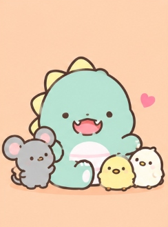 Pawaruu sitting alongside little mouse friend Nezumi Piyo and the tiny bird companions