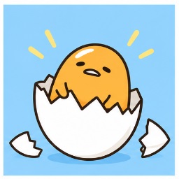 Gudetama hatching fresh from a cracked white eggshell