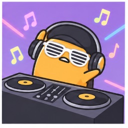 DJ Gudetama spinning records at a DJ booth with headphones
