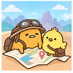 Gudetama and Shakipiyo wearing travel gear with an adventure map