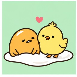 Gudetama resting beside energetic yellow chick Shakipiyo