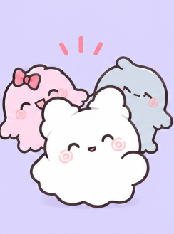 Marumaru standing alongside ghost friends Marunn with a pink bow and calm grey Kokomaru