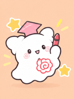 Marumaru wearing a graduation cap holding a red pencil after winning the NEXT KAWAII PROJECT