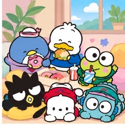 Hapidanbui members relaxing in a room with donuts, burgers, and drinks
