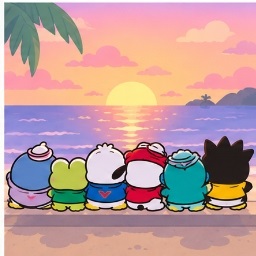 The six Hapidanbui members sitting together on a pier watching the sunset over the sea