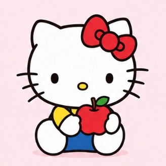 Hello Kitty sitting and holding a red apple