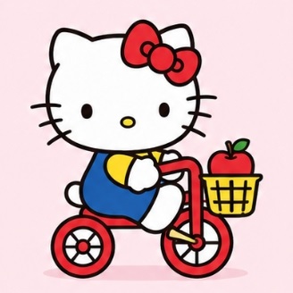 Hello Kitty riding a bicycle with an apple basket
