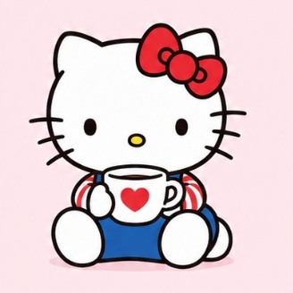 Hello Kitty sitting with a heart-decorated mug
