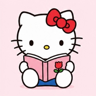 Hello Kitty sitting and reading a pink book