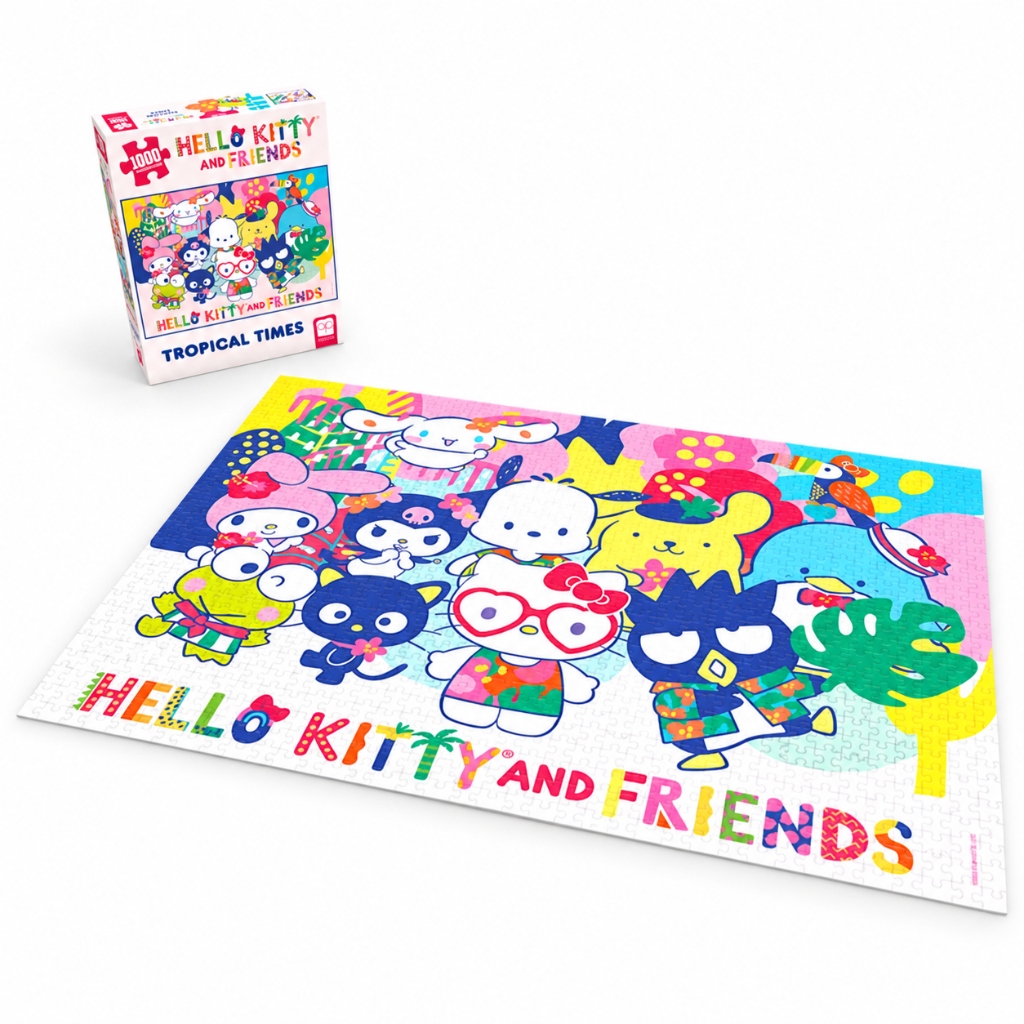 Physical 1,000-piece Hello Kitty and Friends Tropical Times jigsaw puzzle layout shown fully assembled next to its collector box