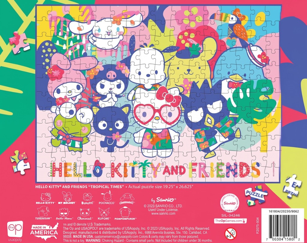 Back panel of the Hello Kitty and Friends Tropical Times puzzle box showing character roster, UPC barcode 700304158062, item code SIL-34246, and dimensions