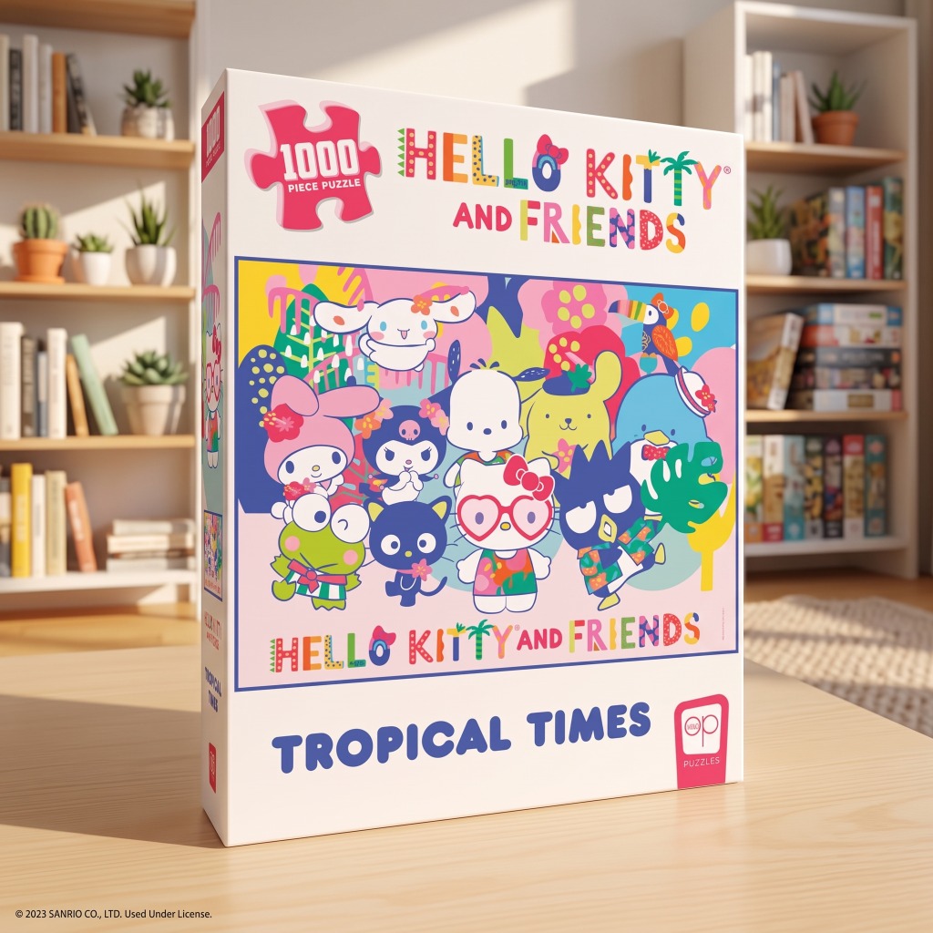 Front packaging box of the Hello Kitty and Friends Tropical Times 1000-piece jigsaw puzzle by The Op USAopoly