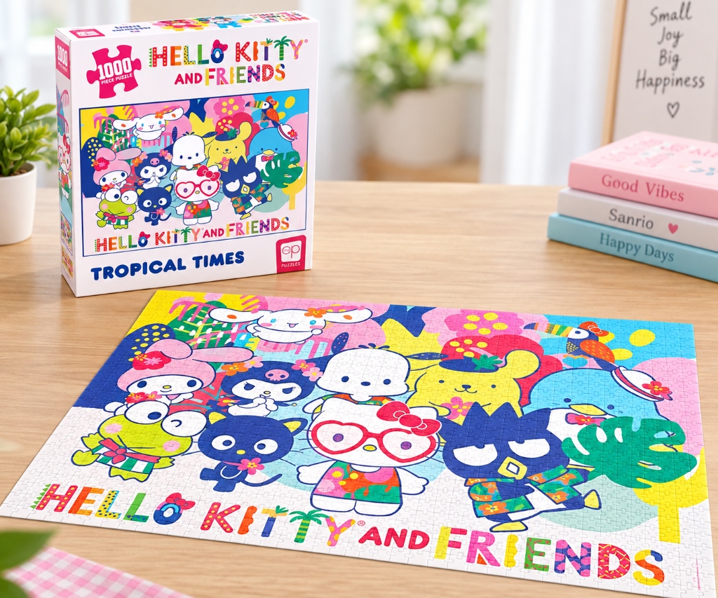 Completed Hello Kitty and Friends Tropical Times 1000-piece jigsaw puzzle on a tabletop beside its retail packaging box