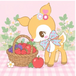 Hummingmint standing beside a fresh fruit basket of apples and strawberries
