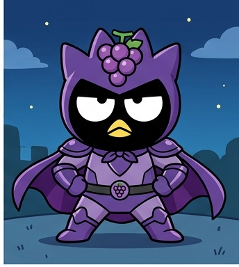 Darkgrapeman in purple grape superhero armor and dark cape
