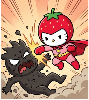 Ichigoman in dynamic action punch defeating a shadowy heart monster