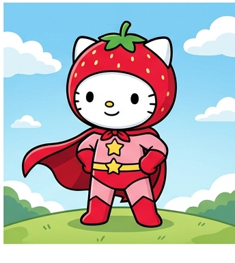 Ichigoman standing heroic on a grassy hill under sunny blue skies with cape flowing