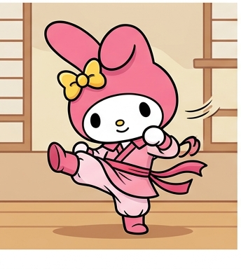 Honeymomo in pink peach martial arts uniform delivering a high kick