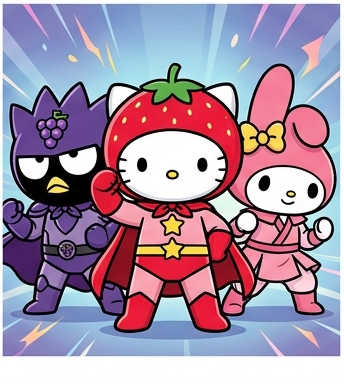 Ichigoman, Darkgrapeman, and Honeymomo striking a united heroic team pose