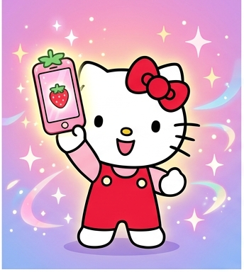 Hello Kitty raising her strawberry smartphone as it glows with transformation sparkles
