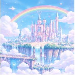 Jewel Land magical floating castle with rainbow bridge and crystalline waterfalls