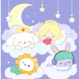 RURU, Moco, Bira, and Chimata sleeping peacefully on fluffy night clouds