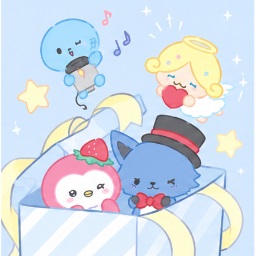 Popo and Rain popping out of an elegant striped gift box with ribbons