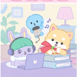 Chimata on laptop, Micoon singing with mic, and MAMEchi studying books in the shared house